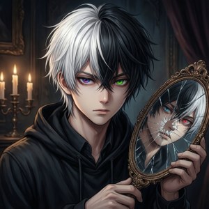 Edgy anime-seun met gesplete hare en gebreekte spieël.