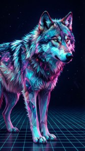 'n Lae-poly sterrestelselwolf met neon-geometriese patrone staan op 'n sintgolfrooster. — iPhone 6 Muurpapier