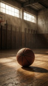 Eensame basketbal op 'n houtvloer, gebaai in sonlig en nostalgie. — Basketbal GIF Muurpapier