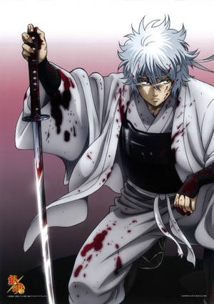 Gintama bloedige Gintoki half-knielend op die vloer agtergrond — Oppo Pad 5 Muurpapier