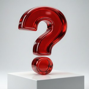'n Realistiese glansende rooi 3D-vraagteken op 'n wit podium-muurpapier.