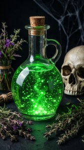 Heks se toordrankfles met groen gloed en skedelversiering — Halloween estetiek Muurpapier