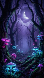 'n Surrealistiese donker bos met fluoresserende sampioene en 'n onheilspellende blou-pers gloed.
