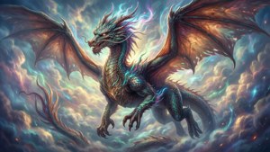 Die majestueuse Goddelike Draak in die hemele, gebaai in mistieke lig.
