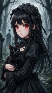 Oulike gotiese anime-meisie met swart kat in begraafplaas. — Oulike anime profielfoto Muurpapier