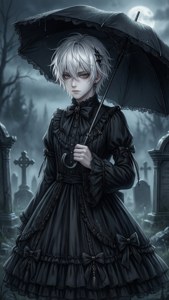 Anime gotiese lolita-seun in 'n begraafplaas met mis. — Anime estetiese GIF Muurpapier