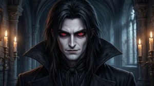 Koel anime-agtergrond van 'n vampier in 'n gotiese kasteel.