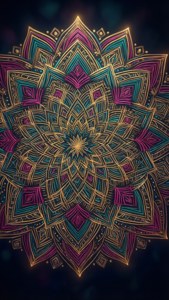 Ingewikkelde mandala patroon met goud en groenblou, gloeiend op donker agtergrond, vir iPhone 11 Pro Max.