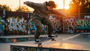 Skaatser seun wat 'n kickflip uitvoer in warm sonsonderganglig met 'n graffiti-agtergrond.