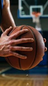 Nabyfoto van hande wat 'n basketbal vashou met intense fokus en sweet. — Basketbal GIF Muurpapier