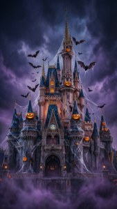 Disney se Aspoesterkasteel herverbeeld as 'n spookagtige Halloween-kasteel.