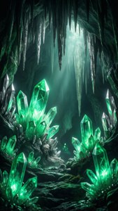 Glowende groen kristalle in 'n Slytherin-grot. — Slytherin estetiek Muurpapier