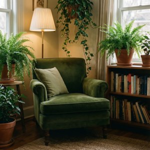 'n Gesellige binnenshuise ruimte met groen plante en 'n fluweelstoel, perfek vir ontspanning. — Groen estetiese GIF Muurpapier