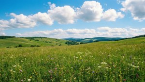 'n Heldergroen weiveld met veldblomme en blou lug, 'n vrolike somertoneel. — Groen estetiese GIF Muurpapier