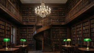Majestueuse donker akademiese biblioteek met spiraaltrap en kandelaar.