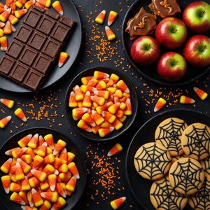 Kleurryke plat lê van Halloween lekkers en koekies op swart