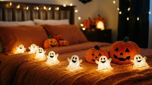Knus slaapkamer met spookliggies en pampoenpluisies