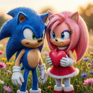 Sonic en Amy deel 'n teer oomblik in 'n sonnige blomveld. — Sonic Muurpapier