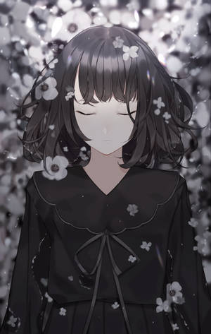 Hartseer Anime Meisie Swart En Wit Met Blomme — Xiaomi Pad Mini Muurpapier