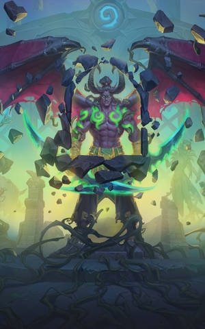 Hearthstone-selfoon Illidan Stormrage wat Towerspreuke met Rotse en Magie Gooi — Honor Pad 10 Muurpapier