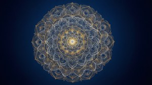 Heilige geometrie lotusmandala met goud en wit op donkerblou. — Lotusblom Muurpapier