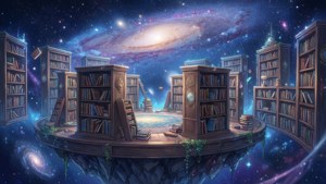 'n Grillige anime-toneel van 'n swewende biblioteek in die ruimte — Anime landskap GIF Muurpapier