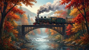 'n Nostalgiese anime herfstoneel met 'n trein wat 'n brug oorsteek. — Anime landskap GIF Muurpapier