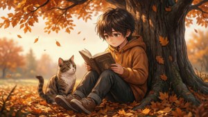 Anime-kind lees 'n boek met 'n kat onder 'n boom in die herfs. — Anime kinders Muurpapier