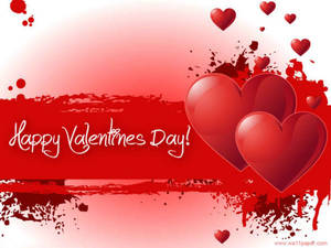 Rooi harte van liefde en teks wat 'Gelukkige Valentynsdag' in wit langs hulle sê op rooi agtergrond met 'n spatsel rooi verf. — 4:3 Muurpapier