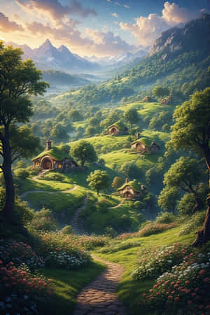 Hobbiton, hobbit-huise, groen heuwels, fantasie, tuine, bloeiend, storieboek, sonsopkoms, reis, landskap, 4K — 4K Muurpapier