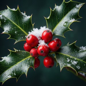 Makroskoot van hulstbessies met sneeu, feestelike rooi en groen. — Estetiese Kersfees Muurpapier