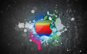 Koel kleurvolle agtergrond van Apple MacBook-logo op 'n grys muur met verfspatsels