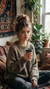 Meisie in oorgroot trui met koffie in boheemse kamer. — Indie estetiese GIF Muurpapier