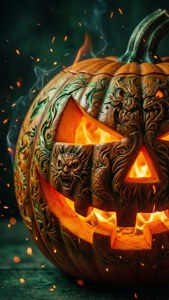 Gedetailleerde pampoenkerfwerk met gloeiende kole — Halloween estetiek Muurpapier