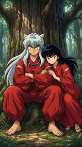 Klassieke agtergrond van Inuyasha en Kagome uit Inuyasha — Anime paartjie GIF Muurpapier