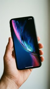 Leefstyl-agtergrond van iPhone X wat in die hand gehou word.
