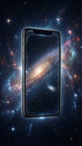 Kosmiese agtergrond met iPhone X wat tussen sterre dryf.