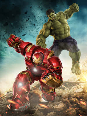 Iron Man en die Hulk staan teenoor mekaar in 'n epiese geveg — Galaxy Z TriFold Muurpapier