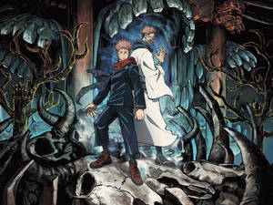 Itadori en Sukuna in Jujutsu Kaisen anime agtergrond
