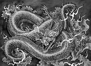 Japannese Draak Rekenaar Swart en Wit Skets