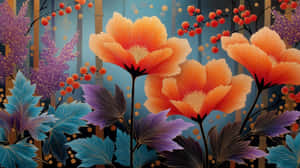 abstrak, Japans, skildery, blomme, lewendig, kuns, natuur, ontwerp, illustrasie, tradisioneel, modern, loof, botanies, artistiek — Oranje estetiese GIF Muurpapier