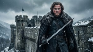 Jon Snow wat uitdagend op Winterfell se strydskanse staan ná die geveg
