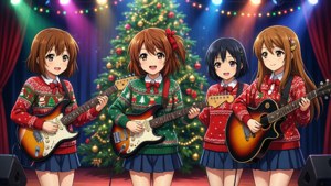 K-On! meisies wat 'n Kersfeeskonsert op die verhoog hou — Anime kersfees Muurpapier