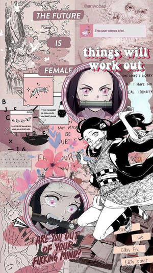 Kamado Nezuko Estetiese Pienk Collage — Pienk anime estetiese Muurpapier