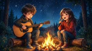 Anime-kinders sing en speel kitaar om 'n kampvuur onder die sterre. — Anime kinders Muurpapier