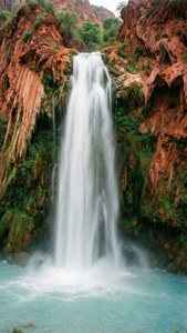 Lang blootstelling van waterval op rooi bergkranse met gladde water