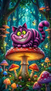 Grillerige Cheshire-kat op 'n sampioen in 'n kleurvolle bos met vuurvliegies. — Cheshire Cat Muurpapier