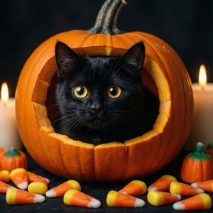 Oulike swart kat wat uit 'n jack-o-lantern loer met lekkergoedmielies. — Oulike Halloween Muurpapier