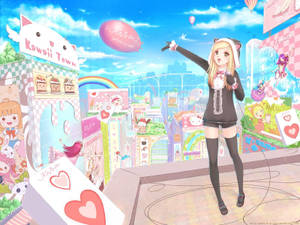 Kawaii Anime Meisie Omring Deur Oulike Winkels