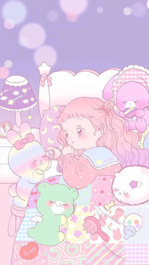 Kawaii-anime-meisie op bed met opgestopte speelgoed
